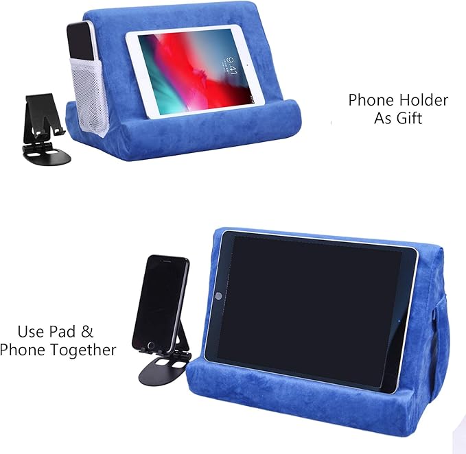 2pcs Multi-Angle Tablet Holder Cushion Stand with Net Pocket & Black Color Phone Stands Upgraded Tablet Pad Support for Phone,Pad,Books (Blue)
