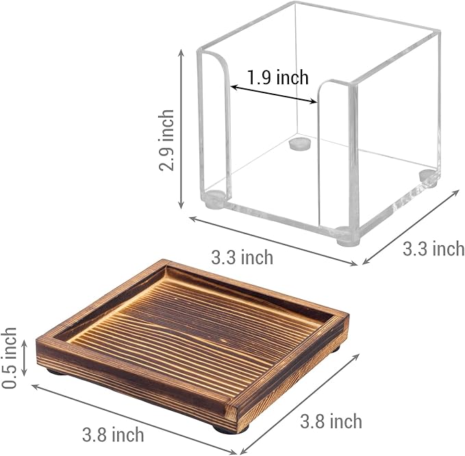 MyGift Acrylic Sticky Note Holder Dispenser with Removable Rustic Burnt Solid Wood Tray, 3-Inch Square Office Desktop Self-Stick Memo Pad Storage Cube