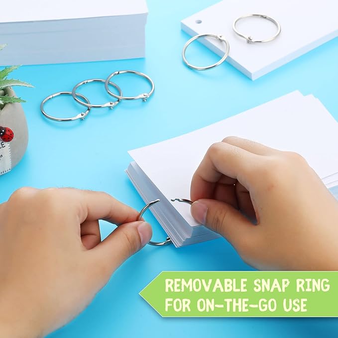 Yexiya 500 Pcs Index Cards with Rings Study Supplies Punched Lined Flash Cards with Holes Ruled Single Hole Notes and Metal Rings for Adults Office(3 x 5 Inch,Blank White)