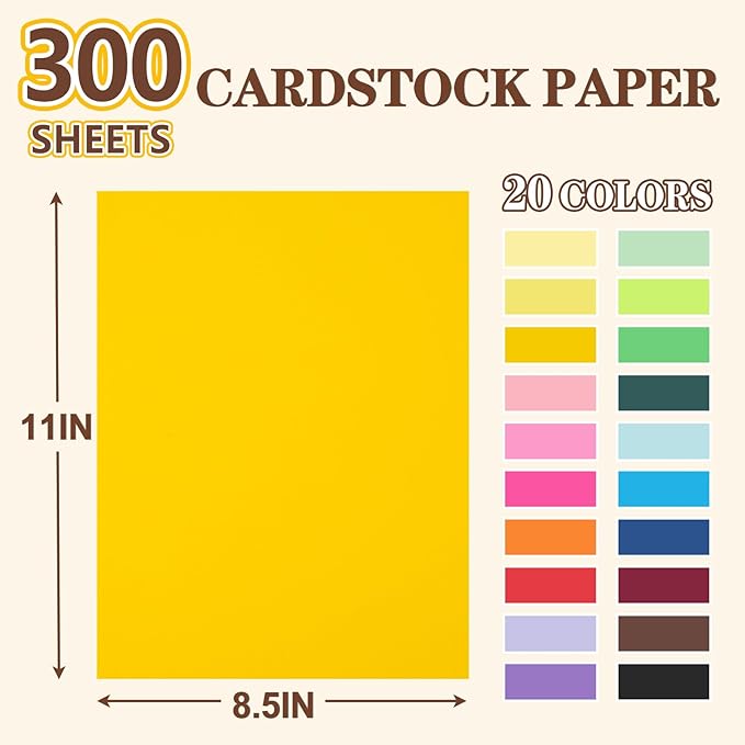 TKOOFN 300 Sheets Colored Cardstock 8.5" X 11", 20 Assorted Colors Construction Paper 180GSM Card Stock, Printer & Cricut Compatible for Crafts, Card Making & School Supplies