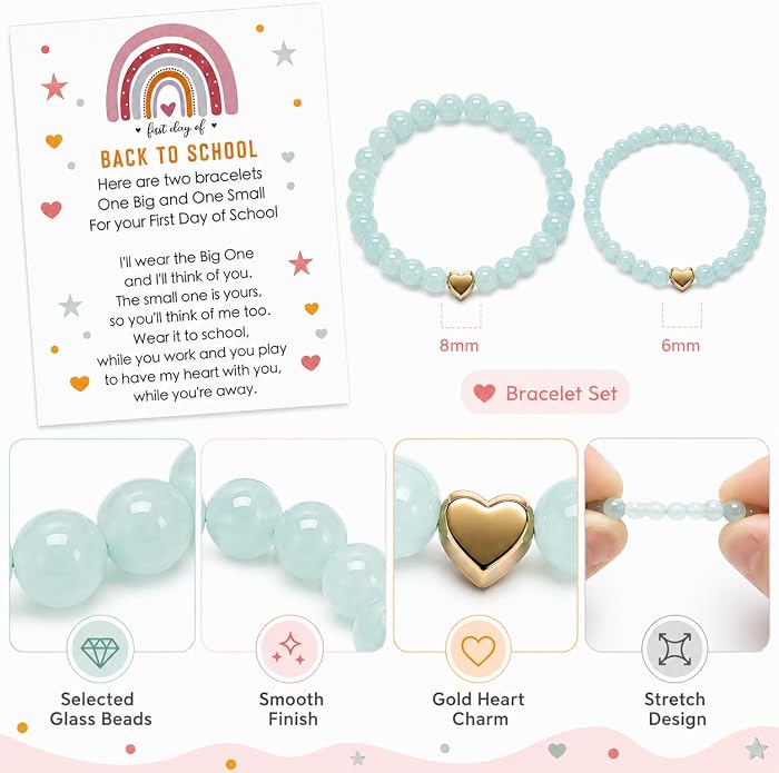 Back to School Bracelets Heart Matching Mommy and Me Elastic Wish Strings Bead Bracelets First Day of School Supplies Gifts