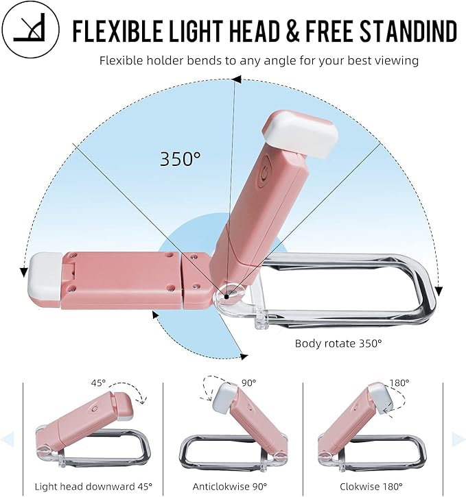 EGWASER Book Reading Light, Portable USB Rechargeable LED Clip on Book Lights for Reading in Bed, 3 Brightness Adjustable Dimmable Bookmark Light for Eye-Protection, Reading Lamp(Pink)