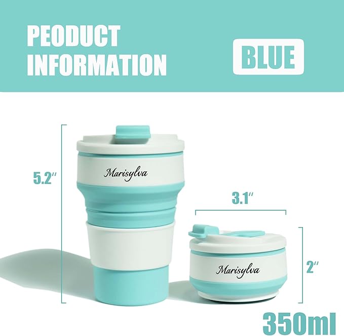 12oz Collapsible Water Bottles, Silicone Foldable Portable Travel Water Bottle, Folding Lightweight Reusable Leakproof for Traveling Camping Hiking Cycling Yoga Sports Blue