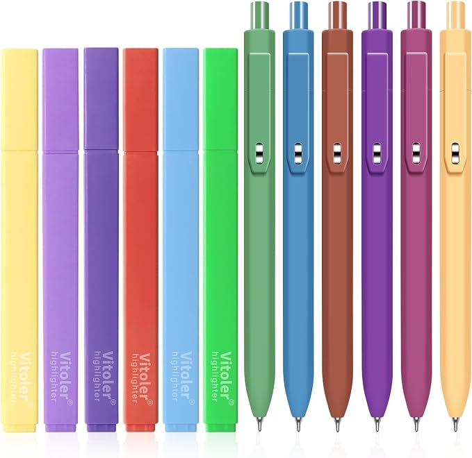 Vitoler Aesthetic Highlighters and 0.5mm Black Gel Pens，12 Pack | Assorted Colors Highlighters for Study, Journaling and Teacher Nurse Gifts