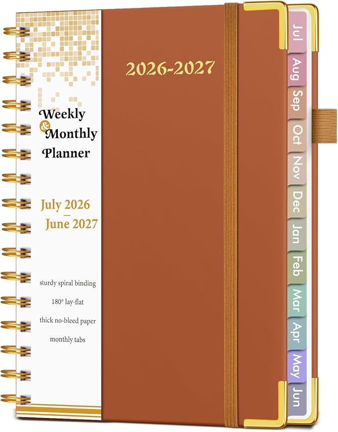 Academic Planner 2026-2027, Hardcover Weekly and Monthly Calendar Planner from July 2026 - June 2027, Daily Agenda Planners with Tabs, College School Organizer for Student Teacher, A5 (6.1" x 8.2"), Brown