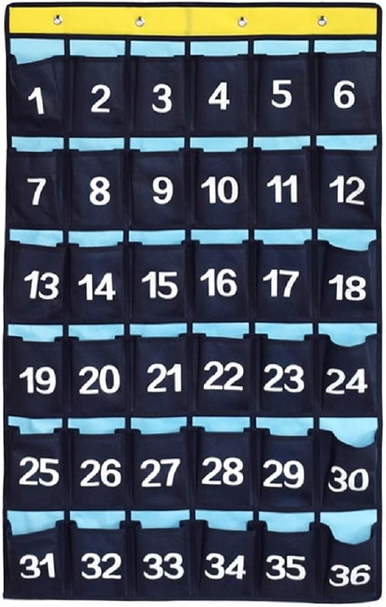 Numbered Pocket Chart Over Door Hanging Classroom Organizer for Cell Phones Calculators Holders Blue (36 POCKETS)