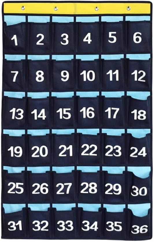 Numbered Pocket Chart Over Door Hanging Classroom Organizer for Cell Phones Calculators Holders Blue (36 POCKETS)