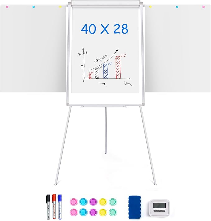 Easel Whiteboard 40x28 Inch, Portable Magnetic Dry Erase Height Adjustable Tripod Stand with 2 Extendable Side Arms for Flipchart, Home Office School Use, White