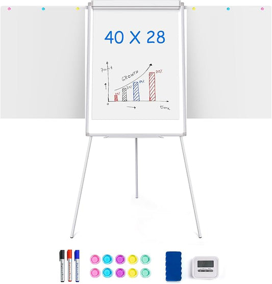 Easel Whiteboard 40x28 Inch, Portable Magnetic Dry Erase Height Adjustable Tripod Stand with 2 Extendable Side Arms for Flipchart, Home Office School Use, White