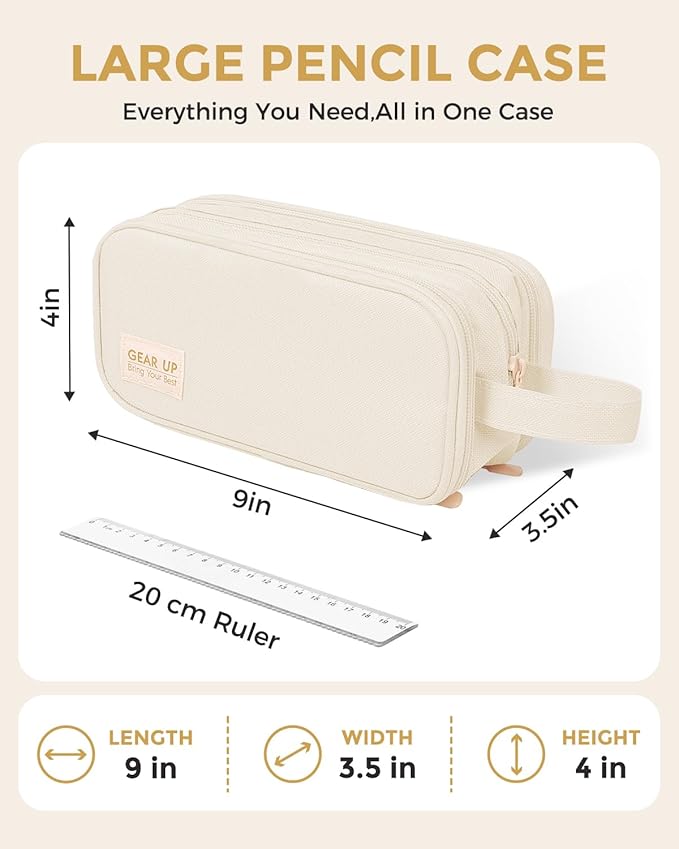 SKYDUE Large Capacity Pencil Case with Handle, 3 Compartment Canvas Pencil Pouch, Cute Soft Color Pencil Bag for Pens, Markers, Aesthetic Stationery and Organizer for Teen Girls Adult, Beige