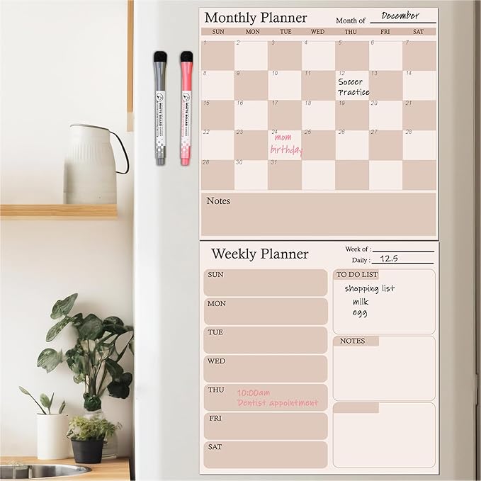 Magnetic Calendar for Refrigerator, 2 Pack Dry Erase Fridge Calendar Whiteboard – Monthly & Weekly Planner Board with Markers and Eraser for Modern Kitchen (Checkerboard Pattern)