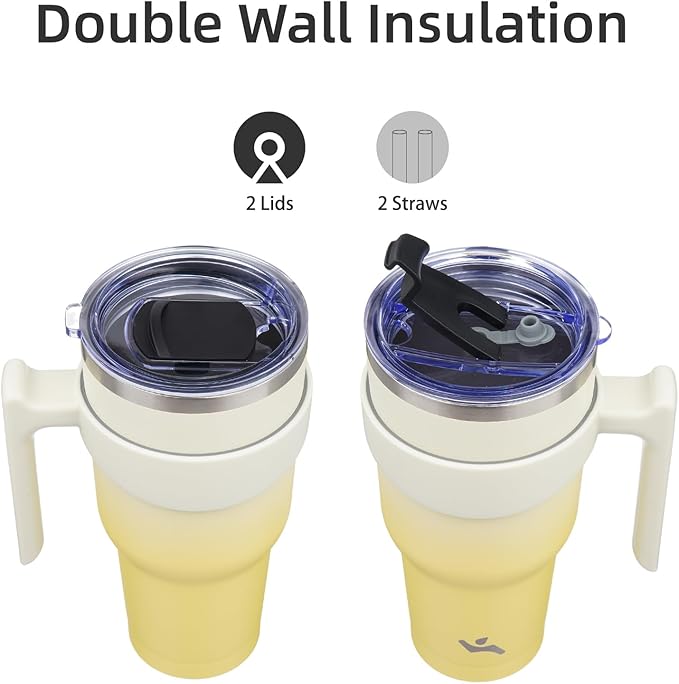 Konokyo 40 oz Tumbler with Handle and 2 Straw 2 Lid, Insulated Water Bottle Stainless Steel Vacuum Cup Reusable Travel Mug,Lemon