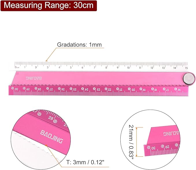 HARFINGTON Folding Straight Ruler 30cm Metric Aluminum Alloy Ruler with Angle Line & Wave Edge Geometric Measuring Tool for Children Architects Study Classroom Office, Red