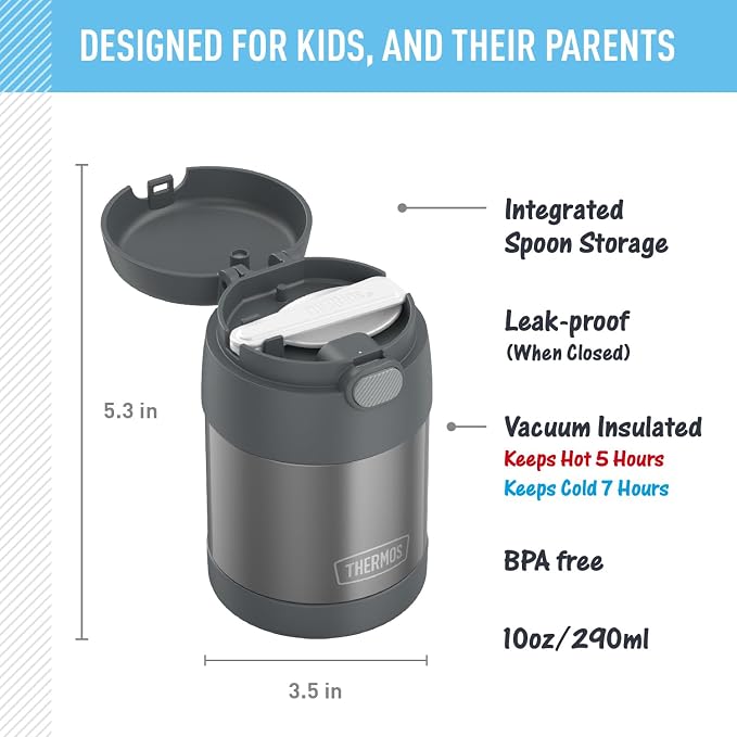 THERMOS FUNTAINER Kids Food Jar with Spoon, 10oz, Gray (Pack of 6)
