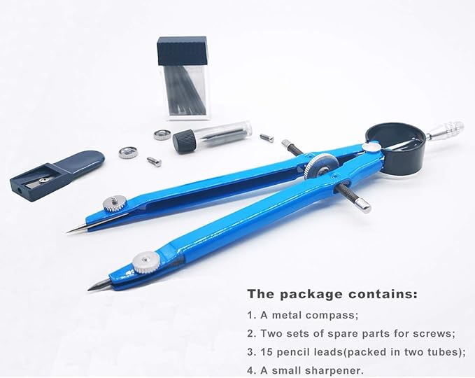 Lockable All Metal Bow Compass with Pencil Sharpener & 15 Lead Refills, Anti-Rust Geometry Compass for Drafting, School, Woodworking