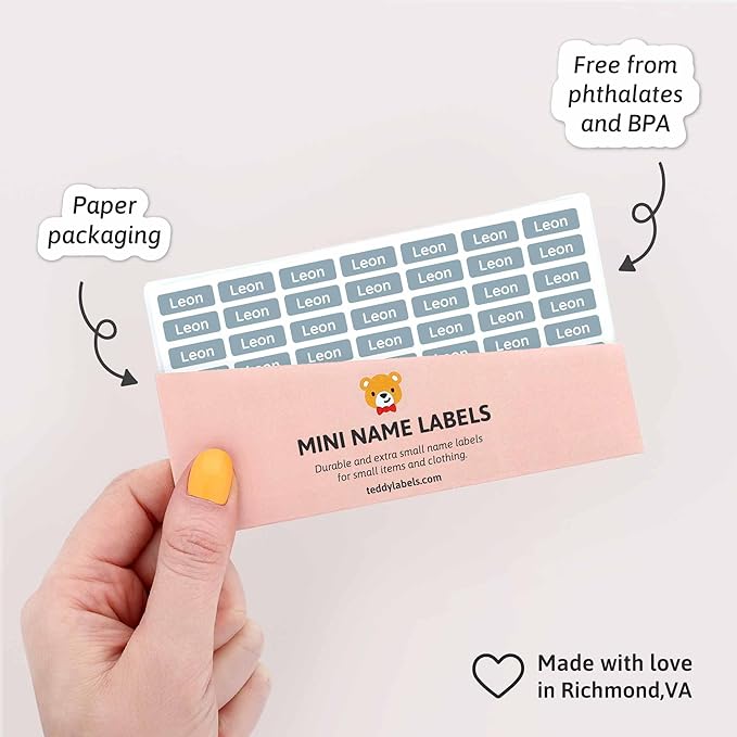 Mini Name Labels (175) - Custom Personalized Name Labels for Labeling Tiny Items, Washer and Dryer-Safe Waterproof Labels for Daycare, Preschool, and School - Grey-Blue