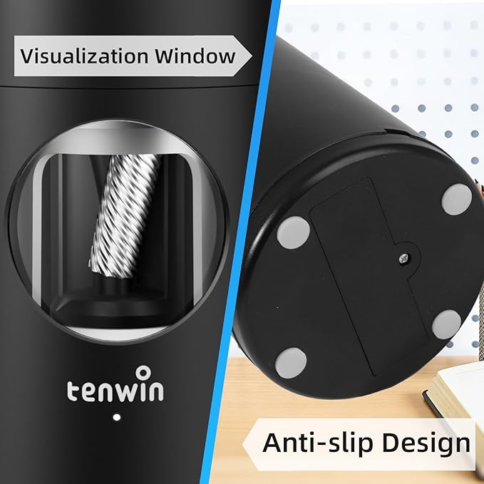 tenwin Rechargeable Electric Pencil Sharpener, Fully Automatic Pencil Sharpener for 7-11.5mm Pencils, Hands-Free Sharpener for Colored Pencils, Auto in&Out, Adjustable Pencil Nibs, Black