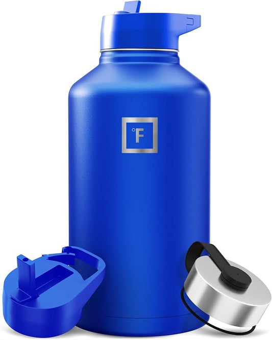 IRON °FLASK 64 oz Wide Mouth Water Bottle with 3 Lids | Insulated Half Gallon Water Bottle with 3 Leakproof Lids - BPA Free, Cold 24 Hrs, Sweat Free (Cobalt)