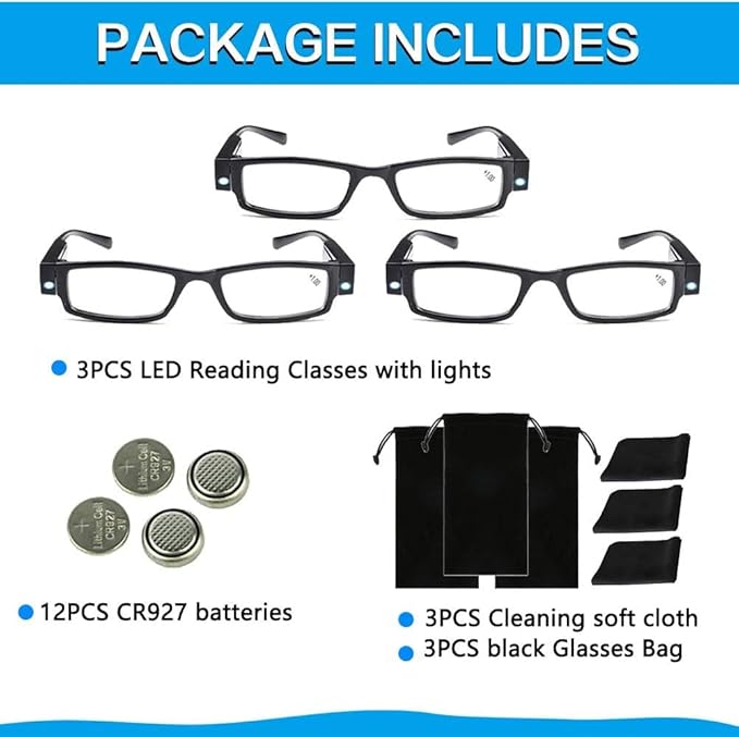 Reading Glasses with Light Bright LED Readers with Lights Reading Glasses Lighted Magnifier Nighttime Reader Compact Full Frame Eyewear Unisex Clear Vision Lighted Eye Glasses,+3.5