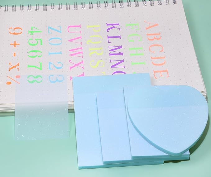 ONLYKXY 4Pack Mixed Shape Transparent Sticky Notes for Annotating,Glitter Pastel Color Waterproof Index Sticker Self-Stick Book Tabs 200Sheets Soft PET Marker Memo Pad for Home School Office (Blue)