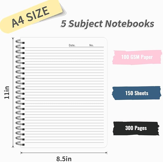 5 Subject Notebook College Ruled, 300 Pages A4 Hardcover Spiral Notebook with Removable Dividers Tabs 8.5" x 11" 100GSM Large Lined Journal Notebooks for Work School