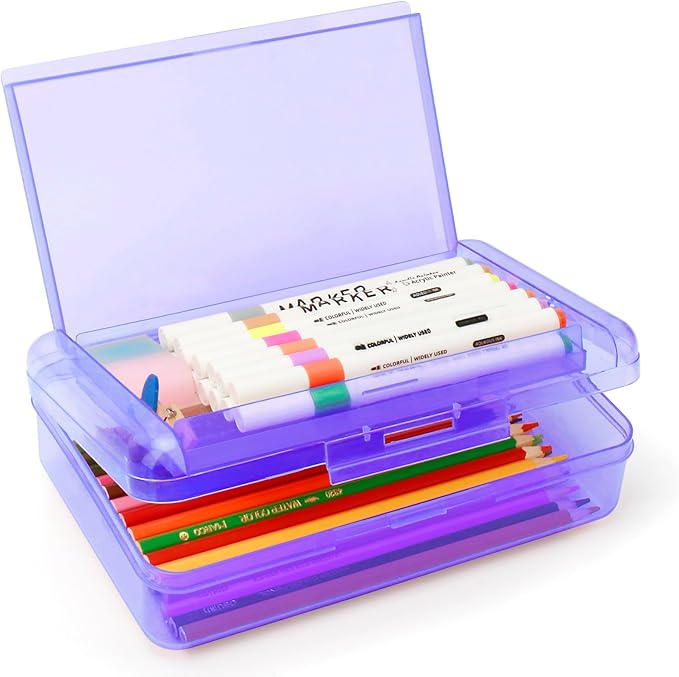 Double Layer Large Capacity Pen Box,Plastic Translucent Pencil Box, Hard Pencil Cases with Snap-Tight Lid for Pens, Pencils, School Supplies,Office Supplies, Medium-sized,1 Pack