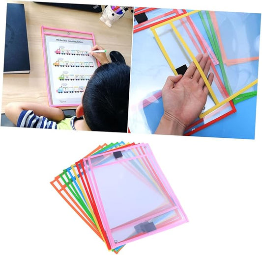 12pcs Reusable Dry Erase Pockets for Office School Bulk Stationery Supplies Pen Holder Metal Grommet Random Color