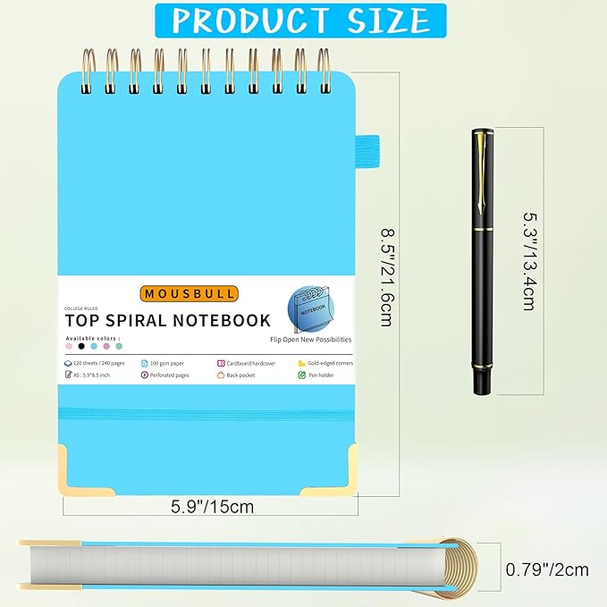Top Spiral Notebook, A5 Hardcover Top Bound Steno Pads, 240 Pages 100gsm College Ruled Left Handed Notebook Journal for Work, School, Meeting Writing - Blue, 5.9" x 8.5"