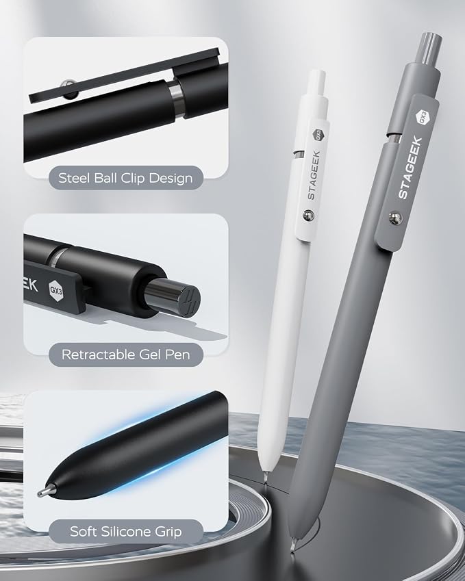 STAGEEK GX3 Black Gel Pens,6Pcs Quick Dry Smooth Writing Pen with 3 Refills | Black Ink Pens, 0.7mm Fine Point, Retractable, Office, School Supplies, Journaling & Note Taking, for Nurses, Teachers