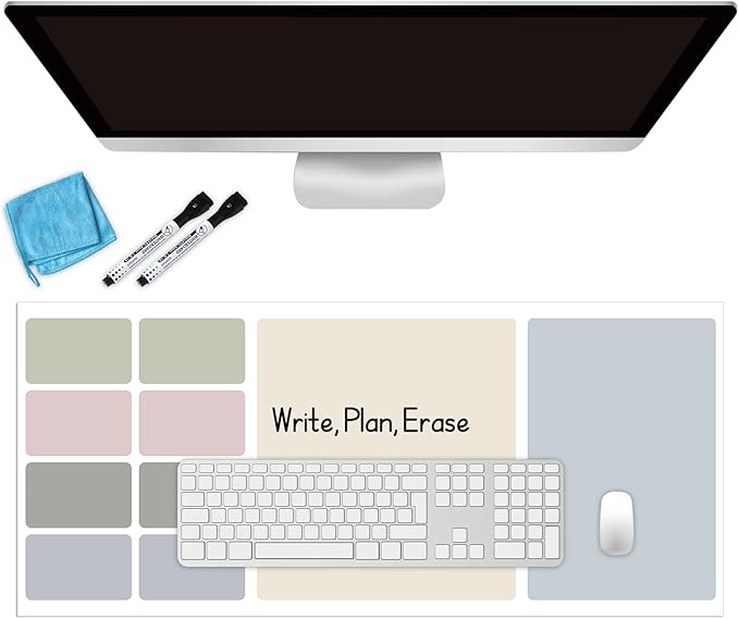 Dry Erase Desk Mat, Large Mouse Pad, Erasable Writing White Board for Making Plans, Self Adhesive Desktop Protector with 2 Wet Erase Markers & 1 Eraser for Home Office School 36"x16" (Gray Green)