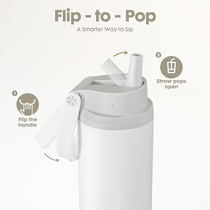 Meoky 24 oz Insulated Water Bottle: Flip-to-Pop Straw, Leak Proof, 24H Cold, Fits in Car Cup Holder, Wide Mouth, BPA-Free, Metal Water Bottle for Travel Sports Gym Backpack, Pearl