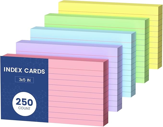Colored Index Cards 3x5, 250 Count Colored NoteCards 3x5, 5 Colors Flash Cards for Studying, 50 Sheets Per Color Lined Index Cards Ruled, Notecards 3 x 5 Lined for Office, School, and Home Supplies