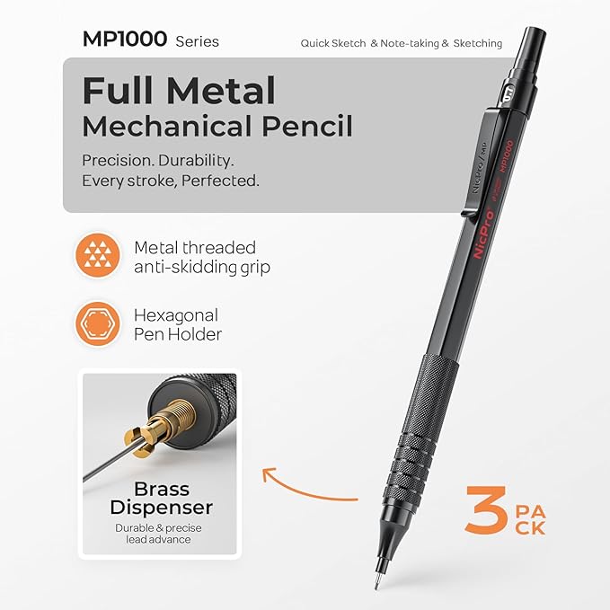 Nicpro 0.7 mm Mechanical Pencil Set with Case, 3 Metal Artist Pencil With 8 Tube HB Lead Refills, 3 Erasers, 9 Eraser Refills, Black Drafting Pencil for Writing, Drawing, Engineering, Sketching