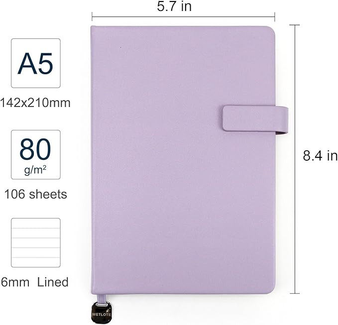 A5 Hard Cover Notebook with Pen Holder, Gold Edges & 180° Lay Flat - Large 5.7x8.4 Lined, Bookmark, Gift Box - Durable Journal for Office, Study, Travel - Writers, Students (Light Purple)