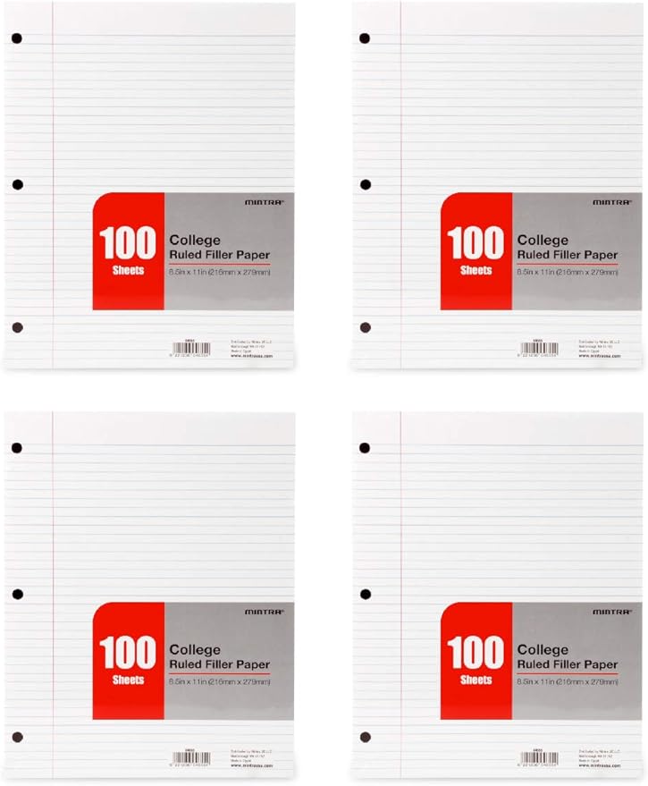 Mintra Office Filler Paper (College Ruled, 2400 Sheets (4-6pks)) - for 3-Ring Binder, Notepaper, Loose leaf lined paper, 3 Hole punched, bulk pack