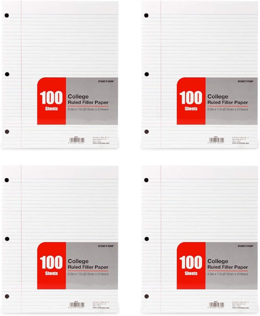 Mintra Office Filler Paper (College Ruled, 2400 Sheets (4-6pks)) - for 3-Ring Binder, Notepaper, Loose leaf lined paper, 3 Hole punched, bulk pack