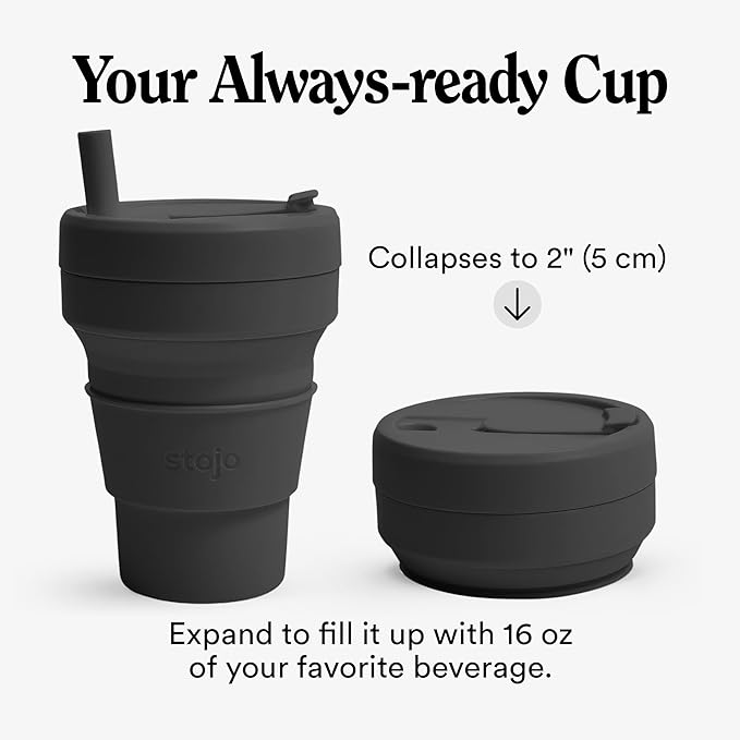 STOJO Collapsible Travel Cup - Reusable To-Go Pocket Size Silicone Bottle for Hot and Cold Drinks - Perfect for Camping - Microwave & Dishwasher Safe (Carbon Gray, 16, ounces)