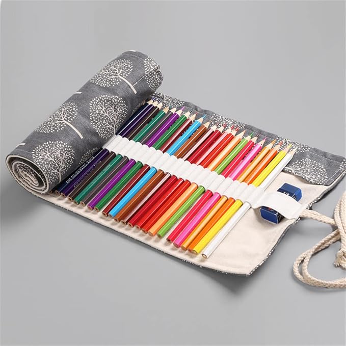 DIYOMR 24/36/72 Slots Pencil Wrap Pencil Rolls, Artist Colored Pencils Roll Up Bag Short Brushes Pouch Case Pencils Organizer for Drawing Coloring and Sketching (Trees, 72slots)