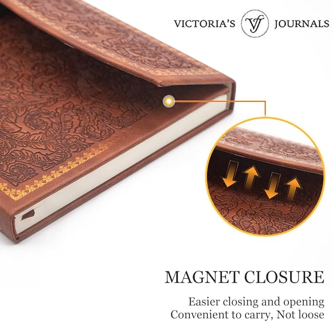 VICTORIA'S JOURNALS Magnet Journal, Carving Vintage Notebook Faux Leather Hard Cover Personal Diary Lined Pages Ribbon Bookmark, 8'' x 5.7''