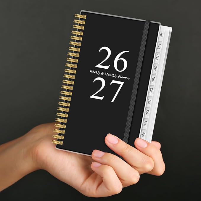 2026-2027 Pocket Planner/Calendar - 2026-2027 Planner from July 2026 - June 2026, Planner 26-27 with 12 Tabs, Twin-Wire Binding, Inner Pocket, 3.75" x 6.75, Black