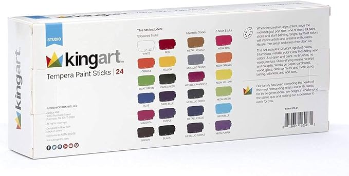 KINGART TEMPERA PAINT Sticks, Set of 24 Rich Colors, Solid Tempera Paint, Super Quick Drying, Non-Toxic, Work Great on Paper, Canvas, Wood, Glass and more
