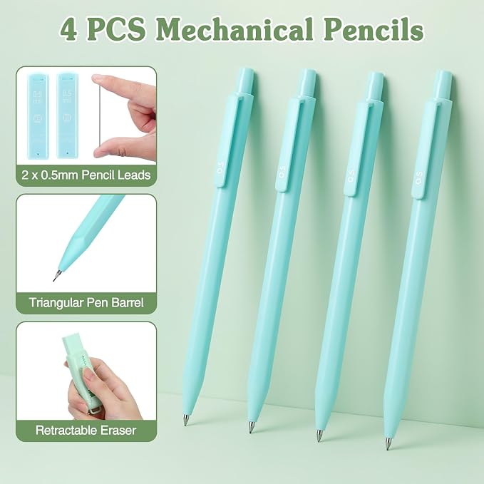 MoKo 49Pcs Aesthetic School Supplies, Green Cute Pencil Case Set with Pastel Highlighters, Mechanical Pencils with Refills, Eraser & Sticky Notes Tabs Set for Middle & College Students Stationery