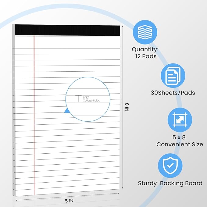 12 Pack Notepads 5x8, Small Legal Pads Narrow College Ruled, 30 Sheets/Pack, Perforated Notebook - White Note Pads for School, Memo, Note Taking, Teacher & Office Supplies, Writing Pads of Paper
