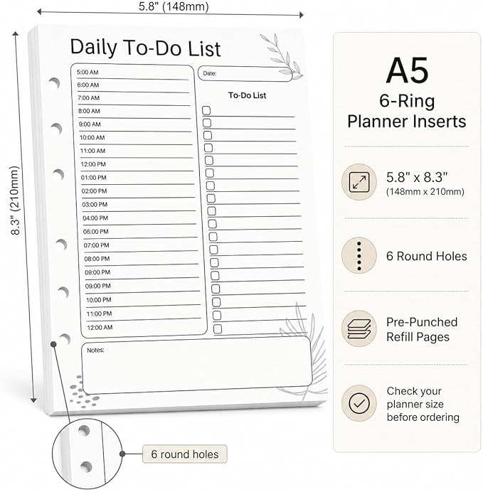 A5 Daily To Do List Planner Inserts, 6-Ring Undated Planner Refill Pages with Hourly Schedule, Checklist & Notes, 100 Double-Sided Sheets, 100gsm White Paper, 5.8 x 8.3 in