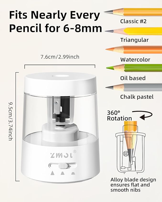 ZMOL Electric Pencil Sharpener - Battery/USB Powered, 3 Sharpening Modes, for No.2 & Colored Pencils, White