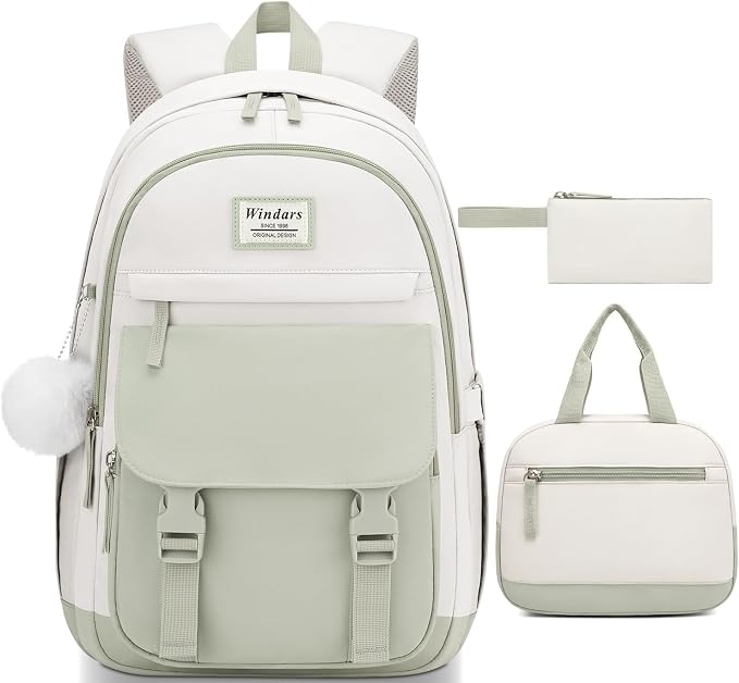 WINDARS School Backpack with Lunch Box for Teen Girls, Cute College Backpacks for Women Students Aesthetic Bookbag Large 15.6 Inch Laptop Bag Middle School Travel Back Pack (Green Beige-3 Pcs)