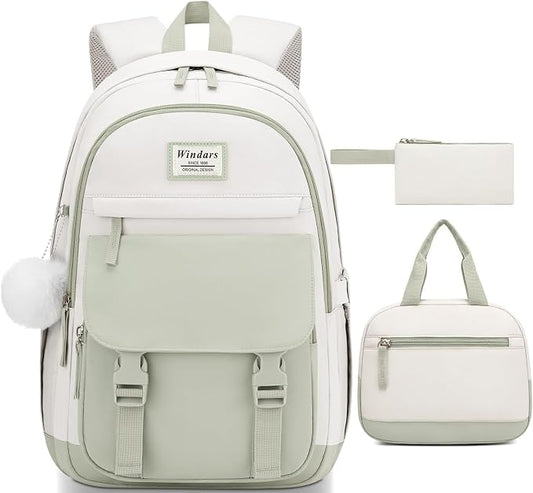 WINDARS School Backpack with Lunch Box for Teen Girls, Cute College Backpacks for Women Students Aesthetic Bookbag Large 15.6 Inch Laptop Bag Middle School Travel Back Pack (Green Beige-3 Pcs)