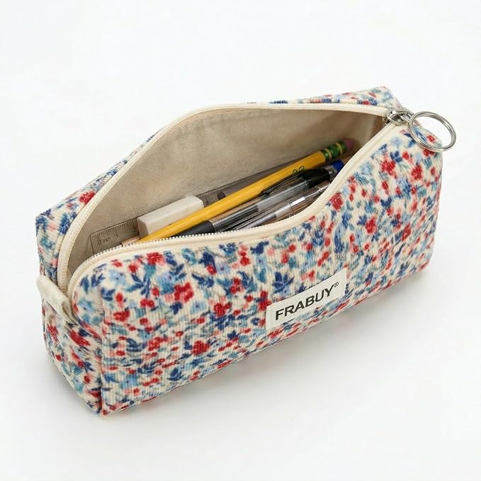 Soft Corduroy Pencil Case Pen Pouch Organizer, Small Stationery Bag | Cute beige small floral pencil pouch, smooth zipper, daily cosmetics holder, compact organizer for school teen girls, women