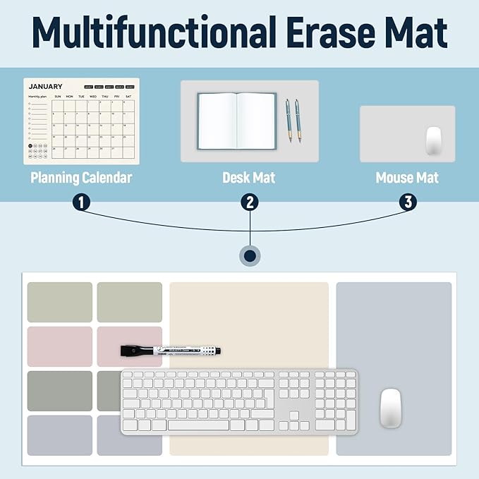 Dry Erase Desk Mat, Large Mouse Pad, Erasable Writing White Board for Making Plans, Self Adhesive Desktop Protector with 2 Wet Erase Markers & 1 Eraser for Home Office School 36"x16" (Gray Green)