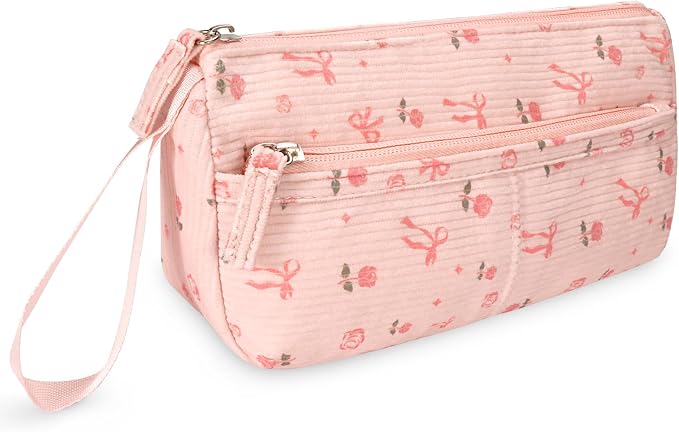 FINPAC Pencil Case, Corduroy Triangle Makeup Bag, Kawaii Pen Bag Pouch Holder Box Organize for Study, Office, or Travel (Pink Rose Bow)